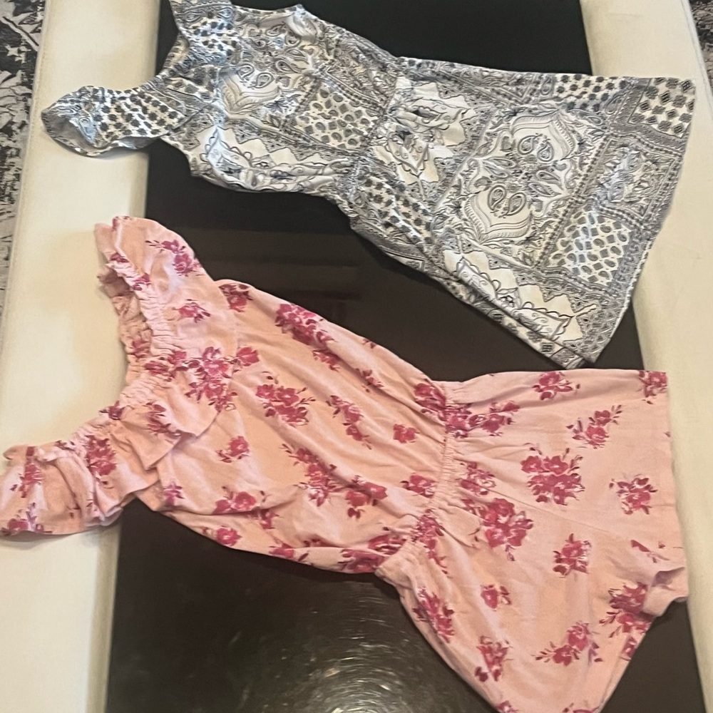 Floral Pink Off-Shoulder Skort and Patterned Navy Blue Dress